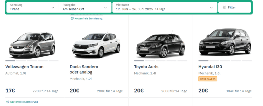 mietwagen preisvergleich albanien